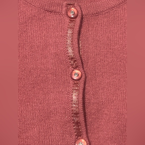 100% Cashmere Dusty Rose Crystal Button Dainty Ribbon 3/4 sleeve Cardigan XS - Picture 4 of 7
